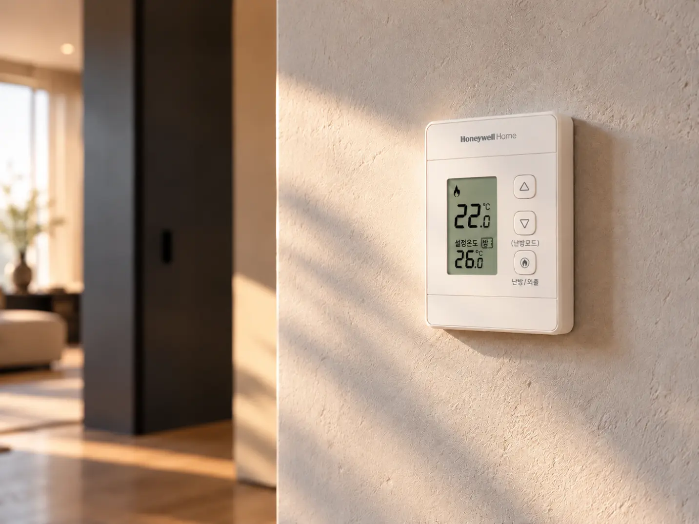 실내 벽면에 설치된 Honeywell Home 온도조절기